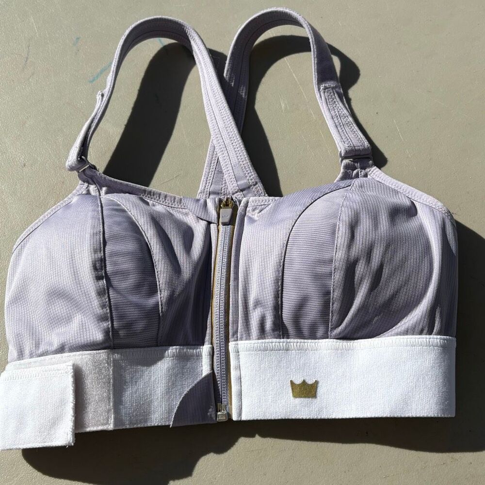SHEFIT Ultimate Sports Bra High Impact Front Zip Gray White Women’s LUXE